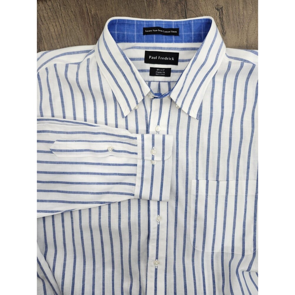 Paul Fredrick Dress Shirt Men's Cotton Linen 18.5 x 37 Striped Button Front